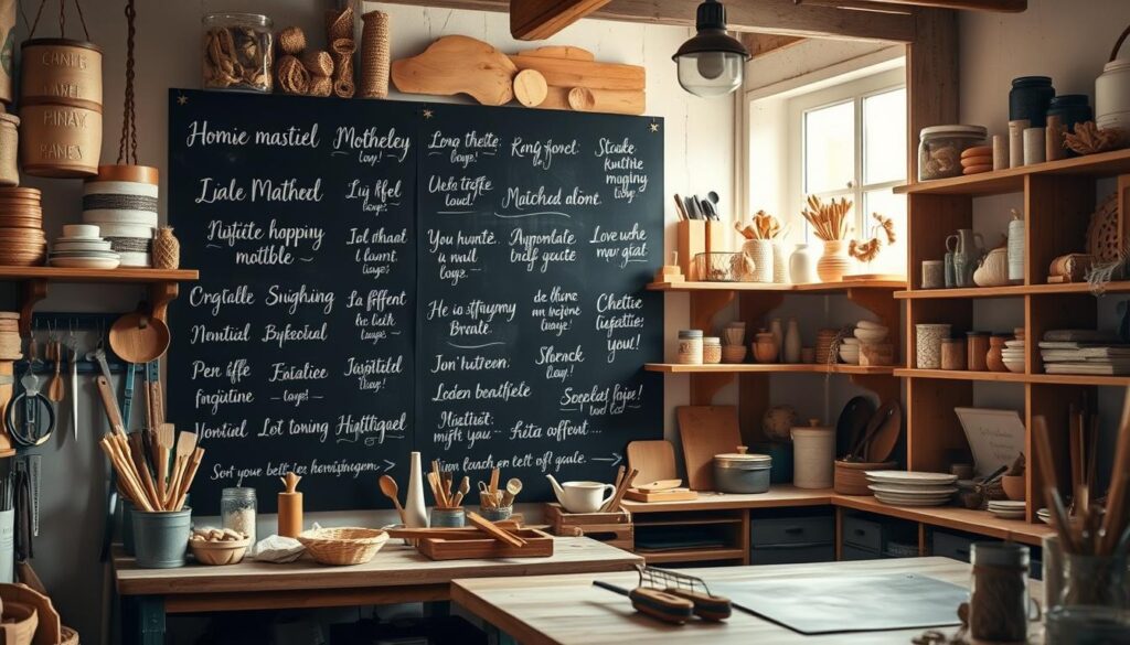 A cozy, well-lit DIY workshop filled with rustic wooden shelves, a variety of craft tools, and an assortment of handmade objects. Soft natural lighting casts a warm glow, highlighting the organic textures of the materials. In the foreground, a chalkboard wall displays a collection of heartfelt, handwritten "emotionale Sprüche" - sentimental phrases and uplifting messages perfect for decorating DIY projects for Mother's Day. The overall atmosphere is one of creativity, sentimentality, and the comforting tactility of homemade crafts.