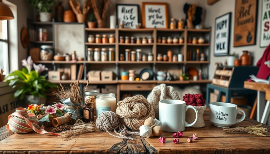 A cozy, well-lit craft room with a rustic wooden table displaying an array of DIY gift ideas. In the foreground, an assortment of natural materials like colorful ribbons, twine, and dried flowers. In the middle ground, various handmade items like a scented candle, a knitted scarf, and a personalized mug. The background features shelves lined with jars of craft supplies and inspirational wall art. The overall mood is warm, inviting, and bursting with creative potential, capturing the essence of "Inspiration für DIY Geschenke".