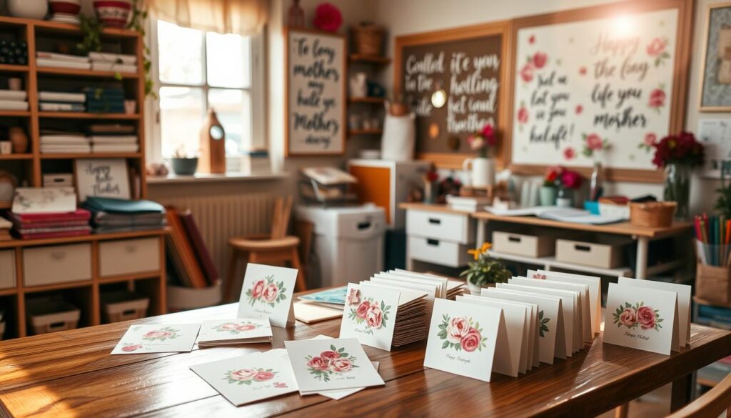 A cozy, well-lit craft room with an abundance of creative supplies. A wooden table is adorned with a selection of handmade Mother's Day cards, each featuring delicate floral motifs and heartfelt messages. In the background, a bulletin board displays inspirational quotes about motherhood, their vibrant colors and elegant calligraphy adding to the warm, inviting atmosphere. Sunlight filters through a nearby window, casting a gentle glow over the scene. The overall mood is one of heartfelt celebration, encouraging viewers to craft their own thoughtful tributes for the special women in their lives.