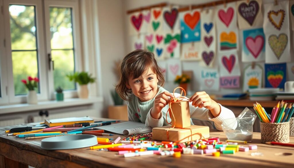 A cozy, well-lit craft room with an array of colorful art supplies and materials scattered across a rustic wooden table. In the foreground, a young child, eyes sparkling with excitement, is carefully assembling a handmade gift, their small hands delicately crafting a heartfelt creation. Behind them, a wall displays an assortment of vibrant, personalized artworks, each a testament to a child's unique expression and love. Soft, natural lighting filters through large windows, casting a warm, inviting glow over the scene, evoking a sense of joy, wonder, and the precious bond between a mother and child.