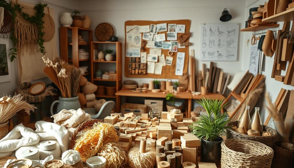 A cozy, well-lit crafting space, filled with an array of sustainable materials for DIY projects. In the foreground, an assortment of natural fibers, recycled textiles, and environmentally-friendly adhesives. In the middle ground, a collection of wooden blocks, handmade stamps, and plant-based dyes. The background reveals an inspiration board adorned with samples and sketches, illuminated by soft, diffused lighting. The overall atmosphere exudes a sense of artisanal creativity and environmental consciousness, perfectly suited for the "Materialien für DIY-Projekte" section of the article.