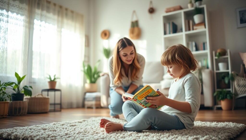 A cozy, well-lit home interior with a warm, inviting atmosphere. In the foreground, a child sits cross-legged on a plush rug, scribbling heartfelt poems in a colorful notebook. Soft, natural lighting filters through lace curtains, casting a gentle glow over the scene. In the middle ground, a mother figure leans in, listening attentively, her expression filled with love and pride. The background features bookshelves, potted plants, and other homely details that convey a sense of comfort and family. The overall mood is one of tenderness, connection, and the cherished bond between a mother and child.