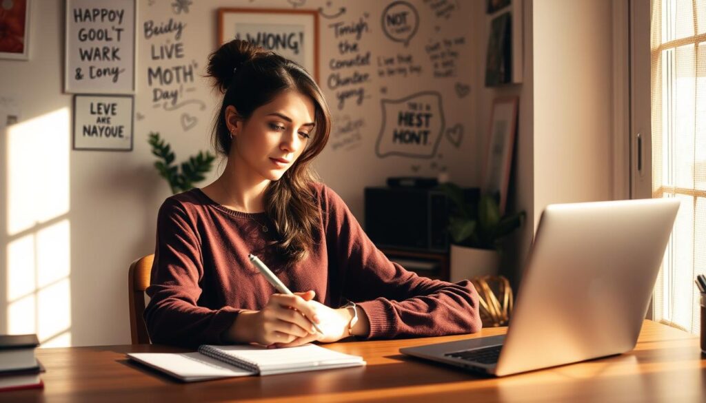 A cozy, well-lit home office scene. A woman sits at a wooden desk, deep in thought, pen in hand. Inspirational quotes and doodles adorn the walls around her, sparking her creativity. Warm natural lighting filters through a nearby window, casting a soft glow on her face as she brainstorms heartfelt, handwritten messages for Mother's Day. The overall mood is serene, reflective, and bursting with personal expression.
