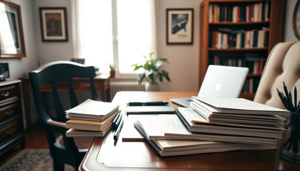 A cozy, well-lit home office setting with a tasteful wooden desk and comfortable chair. On the desk, a carefully curated collection of neatly organized notebooks, pens, and a laptop. In the foreground, a stack of handwritten notes and papers, conveying the process of thoughtfully selecting the best inspirational quotes. The middle ground features a potted plant and a framed artwork on the wall, creating a warm, inviting atmosphere. The background showcases a bookshelf filled with volumes, suggesting a space of learning and creativity. The lighting is soft and natural, casting a gentle glow over the scene. The overall mood is one of focus, curation, and the pursuit of meaningful self-expression.