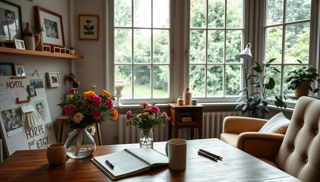 A cozy, well-lit home office with a large window overlooking a lush garden. On the desk, an open notebook, pens, and a mug of steaming coffee. Beside it, an inspirational mood board with handwritten notes, colorful sketches, and a bouquet of fresh flowers. The walls are adorned with framed artwork and shelves displaying creative knickknacks. A comfortable armchair in the corner invites thoughtful contemplation. The overall scene exudes an atmosphere of tranquility and artistic inspiration, perfect for crafting heartfelt Mother's Day messages.