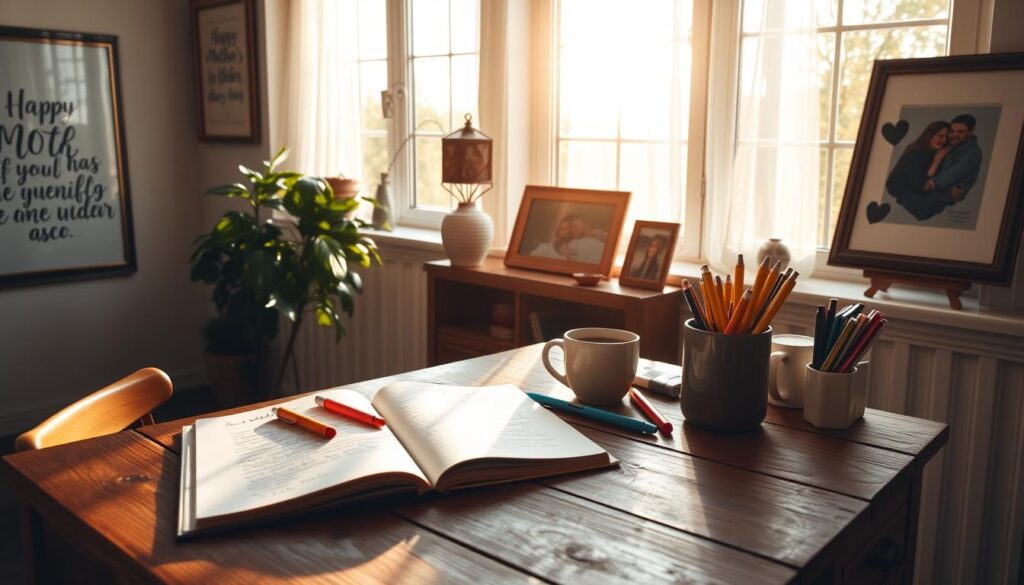 A cozy, well-lit home office with a rustic, wooden desk. On the desk, an open notebook with handwritten notes and a variety of colorful pens and markers. Framed inspirational artwork adorns the walls, casting a warm, creative ambiance. Sunlight streams in through large windows, illuminating a potted plant and a mug of hot tea. A family photo stands prominently, conveying the theme of Mother's Day. The overall scene evokes a sense of thoughtfulness, artistic expression, and celebration of motherhood.