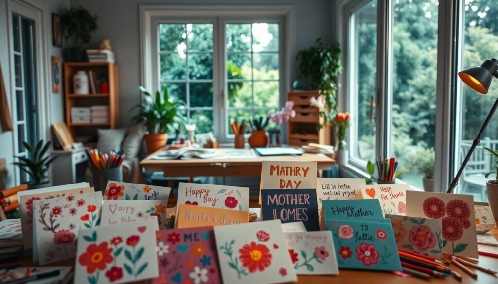 A cozy, well-lit home studio filled with vibrant, handmade Mother's Day cards. In the foreground, a collection of colorful cards adorned with floral patterns, playful illustrations, and heartfelt messages. In the middle ground, an artist's workspace with various art supplies, including markers, colored pencils, and paper scraps. The background features a large window overlooking a lush, verdant garden, creating a serene and inspiring atmosphere. The lighting is soft and warm, casting a gentle glow on the scene. The overall mood is one of creativity, love, and appreciation for the special woman being celebrated.
