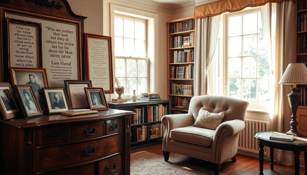 A cozy, well-lit interior scene with an antique wooden dresser in the foreground, adorned with framed quotes and photographs depicting the wisdom and warmth of motherhood. In the middle ground, a plush armchair facing a large window, bathed in soft natural light. The background features a bookshelf filled with classic literature, hinting at the intellectual depth of maternal advice. The overall mood is one of timeless elegance and profound maternal insight, inviting the viewer to pause and reflect on the enduring impact of a mother's words.