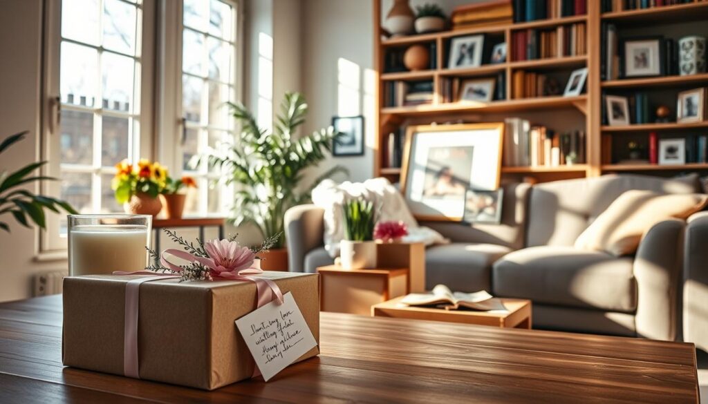 A cozy, well-lit interior scene. In the foreground, an elegantly wrapped gift box rests on a wooden table, adorned with delicate floral arrangements and a handwritten card. The middle ground features an array of thoughtfully selected presents - candles, a plush throw blanket, a potted plant, and a framed artwork. Sunlight streams in through large windows, casting a warm, inviting glow over the scene. The background showcases a bookshelf filled with treasured volumes and family photographs, creating a sense of personal intimacy. The overall atmosphere is one of love, appreciation, and a celebration of motherhood.