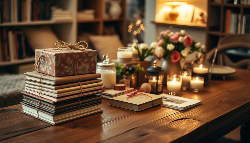 A cozy, well-lit interior with a rustic wooden table displaying an assortment of thoughtful, handcrafted gifts. In the foreground, a beautifully wrapped present sits atop a stack of artisanal journals and notebooks. The middle ground features an array of unique trinkets, scented candles, and delicate floral arrangements. Warm, soft lighting casts a romantic glow, reflecting off the polished surfaces. The background hints at a charming home setting, with a bookshelf or fireplace visible, conveying a sense of intimacy and personal connection. The overall scene evokes a feeling of heartfelt, personalized gift-giving, perfect for a special occasion.