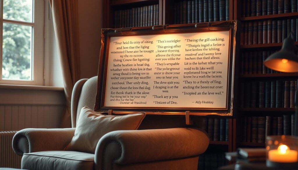 A cozy, well-lit interior with a warm, inviting atmosphere. In the foreground, an elegant, hand-crafted wooden frame displaying a collection of inspiring, heartfelt quotes, their words illuminated by soft, glowing light. Behind the frame, a plush, comfortable armchair, inviting the viewer to settle in and immerse themselves in the wisdom of the ages. The background features a bookshelf filled with leather-bound volumes, suggesting a lifetime of learning and reflection. The overall scene evokes a sense of tranquility, wisdom, and the comforting embrace of a grandmother's love.