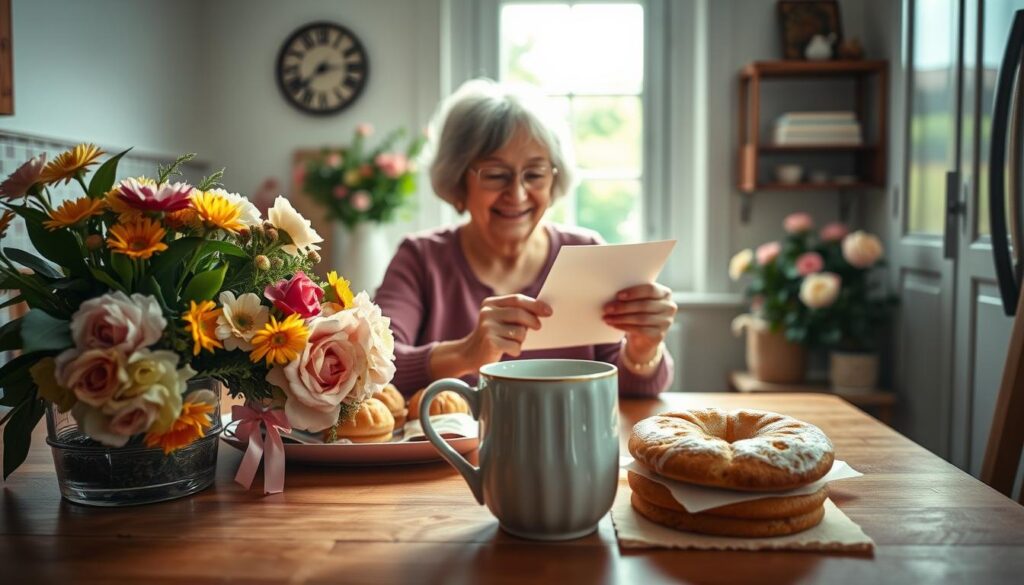 A cozy, well-lit kitchen scene featuring a cheerful grandmother surrounded by thoughtful gift ideas for Mother's Day. In the foreground, a handmade ceramic mug, a bouquet of freshly cut flowers, and a stack of homemade baked goods. In the middle ground, the grandmother sits at a wooden table, smiling warmly as she admires a handwritten card from her grandchild. The background depicts a sunlit window overlooking a lush, blooming garden, creating a serene and inviting atmosphere. The lighting is soft and diffused, giving the scene a warm, nostalgic feel. The composition is balanced and visually appealing, capturing the joy and appreciation shared between grandparent and grandchild on this special day.
