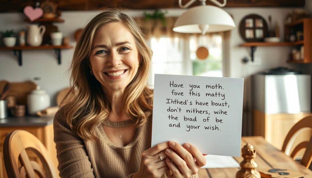 A cozy, well-lit kitchen setting with a rustic wooden table and chairs. In the foreground, a smiling woman, likely a mother, holding a handwritten note with a humorous, heartwarming message. Behind her, various household items and decor, creating a warm, welcoming atmosphere. The lighting is soft and natural, with highlights on the woman's face and the note, drawing the viewer's attention. The color palette is a harmonious blend of earthy tones, reflecting the homely, maternal theme. The overall composition conveys a sense of joy, playfulness, and appreciation for the unique wit and wisdom of mothers.