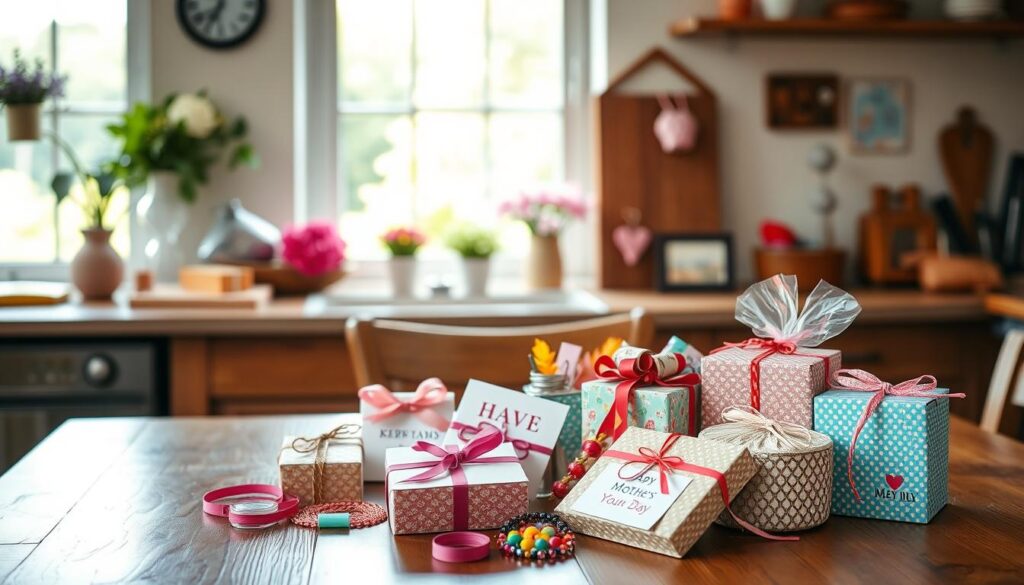 A cozy, well-lit kitchen setting with a wooden table in the foreground displaying an assortment of handmade Mother's Day gifts. In the middle ground, an artistic collection of craft supplies, including colorful paper, ribbons, and beads. The background features a window overlooking a serene garden, allowing natural light to flood the scene. The overall atmosphere is warm and inviting, with a sense of thoughtfulness and creativity captured in the DIY presents. The mood suggests a heartfelt celebration of motherhood and appreciation for the love and care a mother provides.