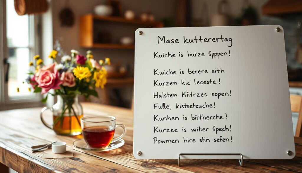 A cozy, well-lit kitchen table with a rustic wooden surface, adorned with a vase of fresh flowers and a cup of steaming tea. In the foreground, a whiteboard displays a selection of handwritten, humorous "kurze Sprüche" - pithy, witty phrases that capture the joyful, lighthearted mood of a Muttertag celebration. The background features a warm, softly-lit interior, hinting at the comforting, familial atmosphere. The overall scene exudes a sense of warmth, laughter, and appreciation for the meaningful bonds between mothers and their loved ones.