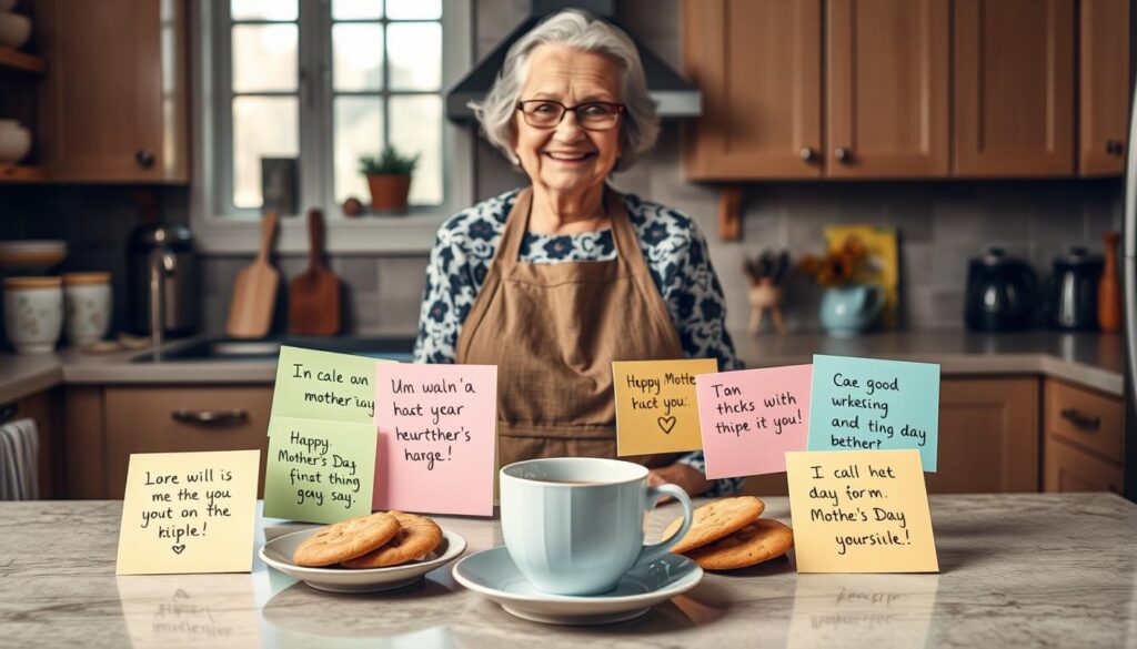 A cozy, well-lit kitchen with a cheerful, apron-clad grandmother standing at a counter, surrounded by whimsical handwritten notes on pastel colored sticky pads. The notes feature humorous, heartfelt Mother's Day messages in a variety of playful calligraphic styles. A steaming mug of tea and a plate of freshly baked cookies sit beside her, creating a warm, inviting atmosphere. The image is captured from a mid-level angle, conveying a sense of intimacy and the grandmother's caring, good-natured spirit.
