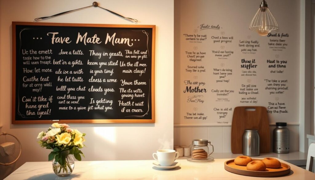 A cozy, well-lit kitchen with an elegant, handwritten chalkboard hanging on the wall. The chalkboard is adorned with a whimsical array of humorous mother-themed puns and quips, each one captured in a beautifully stylized script. The kitchen counter is adorned with a vase of fresh flowers, a steaming cup of coffee, and a few homemade baked goods, all casting a warm, inviting glow. The overall scene radiates a lighthearted, family-oriented atmosphere, perfectly capturing the spirit of the "best funny quotes for moms" concept.