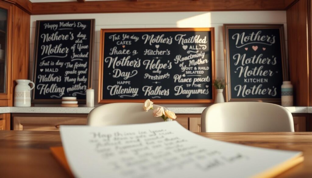 A cozy, well-lit kitchen with warm wooden accents and soft natural lighting. In the foreground, a handwritten note or letter rests on a table, its edges slightly worn and the ink slightly faded, conveying a sense of timelessness. Behind it, an array of classic, heartfelt mother's day phrases are artfully displayed on vintage-inspired chalkboards or framed signs, their elegant cursive script and simple designs evoking a sense of nostalgia and timeless charm. The background features a gentle, pastel-toned floral arrangement, adding a touch of softness and femininity to the scene. The overall atmosphere is one of comfort, sentimentality, and the enduring love between a mother and child.