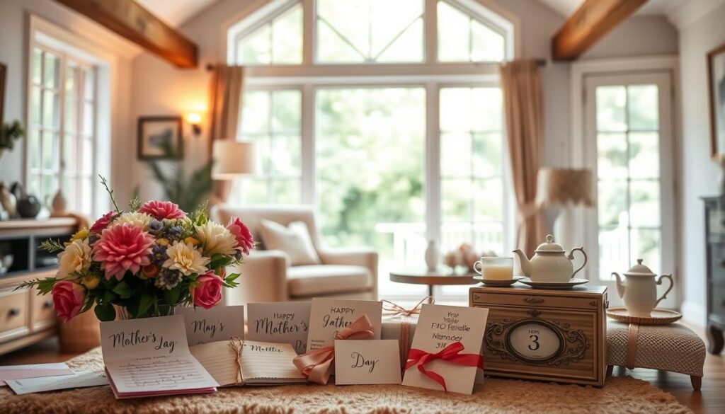 A cozy, well-lit living room interior with a large window overlooking a lush garden. In the foreground, a beautifully arranged display of Mother's Day cards, handwritten notes, and a variety of thoughtful gifts, including a bouquet of fresh flowers, a scented candle, and a personalized trinket box. The middle ground features a comfortable armchair and a side table with a vintage-style tea set. The background showcases a warm, inviting ambiance with soft lighting and natural textures, like exposed wood beams and plush area rugs. The overall scene evokes a sense of appreciation, care, and celebration of the special bond between mothers and their loved ones.