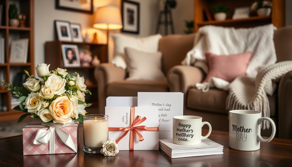 A cozy, well-lit living room setting with a variety of thoughtfully arranged Mother's Day gift ideas. In the foreground, an elegant bouquet of fresh flowers, a scented candle, and a beautifully wrapped gift box. In the middle ground, a stack of handwritten greeting cards, a framed family photograph, and a mug with a heartfelt message. The background features a comfortable armchair, a plush throw blanket, and a bookshelf filled with sentimental knick-knacks. The overall atmosphere is warm, inviting, and reflects the love and appreciation for a special mother figure.