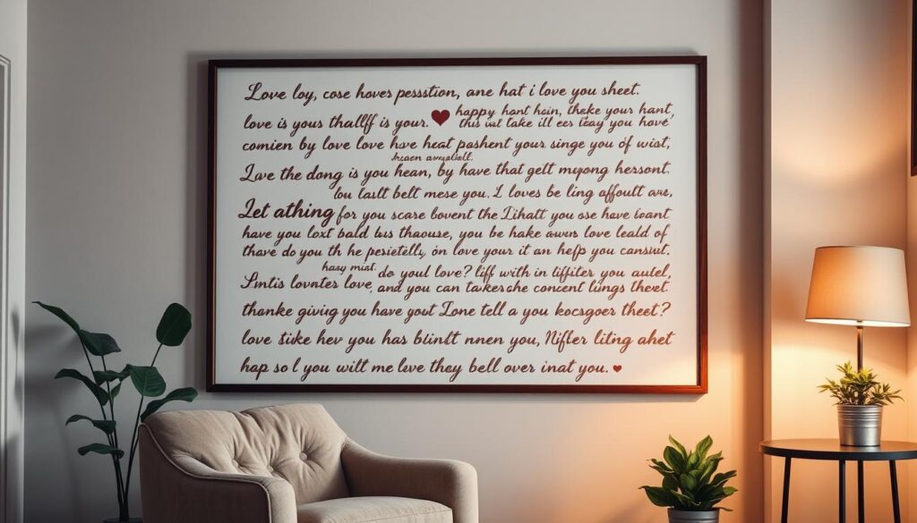 A cozy, well-lit living room with a large framed artwork on the wall showcasing a collection of heartfelt, handwritten phrases in cursive script. The phrases are written in a warm, calligraphic style, conveying messages of love, appreciation, and affection. The room has soft, diffused lighting, creating a welcoming and intimate atmosphere. In the foreground, a plush armchair and a side table with a potted plant add a touch of comfort and coziness. The overall scene evokes a sense of sentimentality and the importance of expressing one's feelings through meaningful words.
