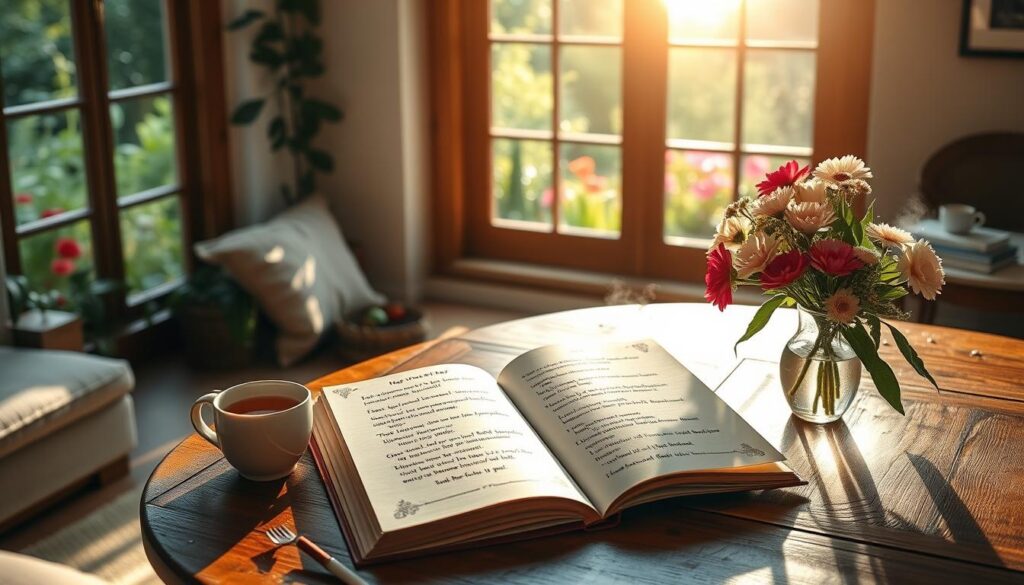 A cozy, well-lit living room with a large window overlooking a lush, vibrant garden. On a wooden table, an open book of handwritten, whimsical Mother's Day poems rests next to a steaming cup of tea and a vase of fresh flowers. Soft sunlight filters through the window, casting a warm glow on the scene. The mood is serene, reflective, and infused with a touch of humor, as if the reader is about to dive into a collection of playful, heartfelt verses celebrating the joy of motherhood.
