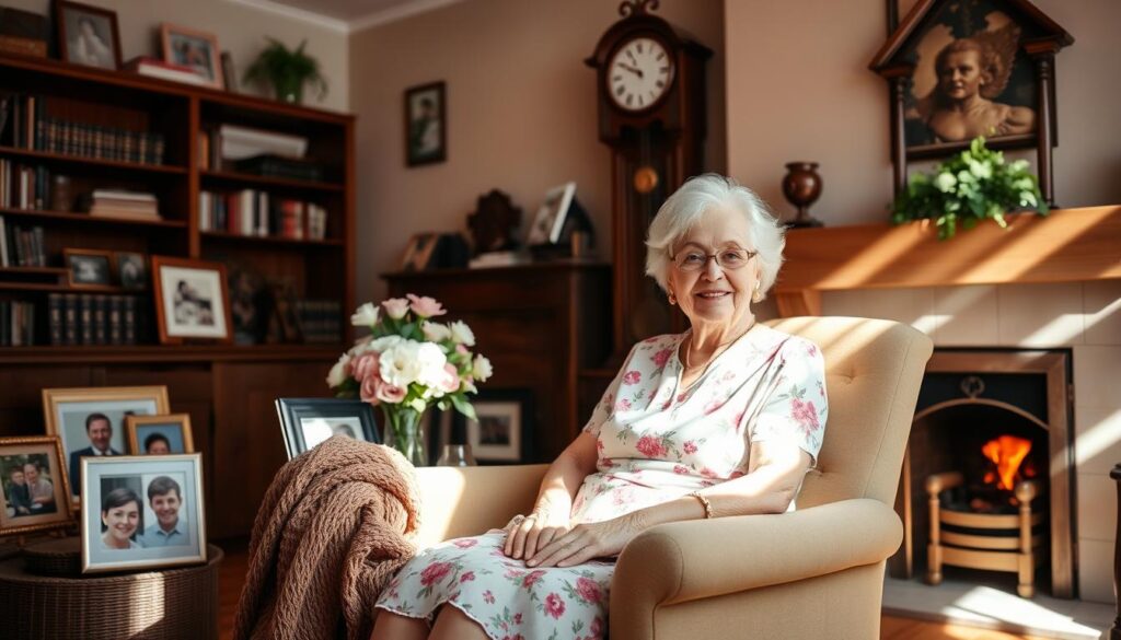 A cozy, well-lit living room with a warm, inviting atmosphere. In the center, a comfortable armchair where a smiling elderly woman sits, dressed in a floral print dress. Gentle rays of sunlight filter through the window, casting a soft glow on her face. Surrounding her are framed family photos, a vase of fresh flowers, and a knitted afghan draped over the chair's arm. The background features wooden bookshelves, a ticking grandfather clock, and a fireplace with a crackling fire. An air of contentment and cherished memories permeates the scene, capturing the essence of a beloved grandmother on Mother's Day.