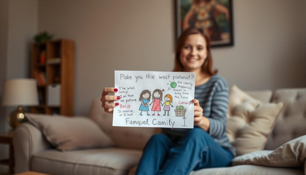 A cozy, well-lit living room with a warm, inviting atmosphere. In the foreground, a young child's drawing is held up, showcasing a colorful, whimsical depiction of a family. The drawing is surrounded by handwritten notes and scribbles, capturing the innocent, unfiltered perspectives of children. In the middle ground, a mother sits on a plush sofa, her expression radiating a sense of pride and joy as she gazes at the drawing. The background features soft, muted tones, creating a calming and serene environment that enhances the heartwarming scene. The overall composition conveys the precious and insightful nature of children's words and the special bond between a mother and her child.