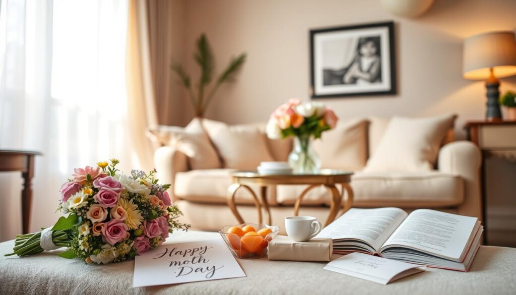 A cozy, well-lit living room with soft, natural lighting filtering through sheer curtains. In the foreground, a neatly arranged collection of Mother's Day gifts - a bouquet of fresh flowers, a handmade card, and a thoughtfully wrapped package. The middle ground features a small, elegant table with a vase of seasonal blooms, a cup of tea, and a book of poetry. The background showcases a warm, inviting atmosphere, perhaps with a framed family photograph or a piece of art adorning the walls. The overall scene conveys a sense of love, appreciation, and the heartfelt celebration of motherhood.