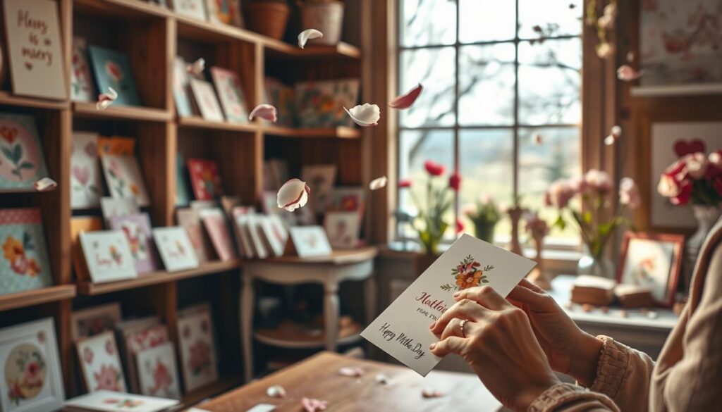 A cozy, well-lit mother's day card studio with an array of colorful, handcrafted greeting cards arranged on vintage wooden shelves. Delicate flower petals flutter in the soft, warm light, setting a serene, thoughtful mood. A skilled artisan's hands meticulously craft a new card, incorporating intricate floral elements, playful patterns, and heartfelt messages. In the background, a window offers a glimpse of a picturesque spring day, the perfect setting to inspire creative, meaningful mother's day expressions.