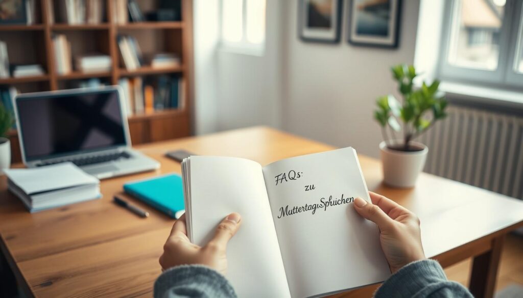 A cozy, well-lit office setting with a wooden desk featuring a laptop, a stack of papers, and a potted plant. In the foreground, a pair of hands hold a notebook opened to a page with the section title "FAQs zu Muttertagssprüchen" written in a flowing script. The background is softly blurred, with a bookshelf and framed artwork visible, creating a warm and professional atmosphere. Natural lighting from a window casts a gentle glow on the scene, highlighting the textures and details. The overall mood conveys a sense of thoughtfulness and attention to the subject matter.