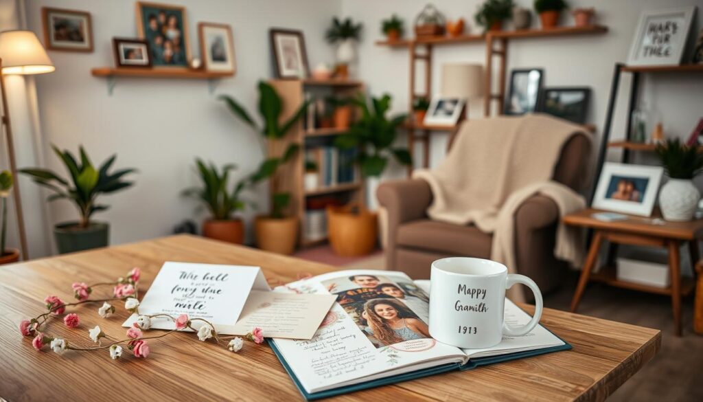 A cozy, well-lit room filled with handmade gifts for a beloved grandmother. In the foreground, a wooden table showcases a variety of DIY projects - a delicate floral garland, a scrapbook with heartfelt messages, and a personalized ceramic mug. The middle ground features a comfortable armchair with a soft knitted blanket, alongside shelves displaying framed family photos and cherished trinkets. The background suggests a warm, inviting ambiance with soft lighting, potted plants, and gentle pastel hues. An atmosphere of love, care, and thoughtful craftsmanship pervades the scene, capturing the essence of a heartfelt gift for a dear grandmother.