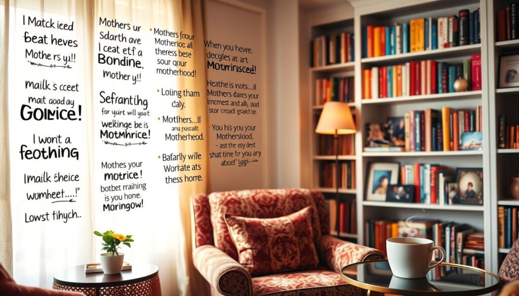 A cozy, well-lit room with a warm, inviting atmosphere. In the foreground, a collage of humorous, hand-lettered phrases adorn the walls, each capturing a clever, lighthearted sentiment about motherhood. The middle ground features a comfortable armchair with plush, patterned upholstery, alongside a side table holding a steaming mug of tea. In the background, a bookshelf filled with colorful volumes and family photos creates a sense of home and personal connection. Soft, natural lighting filters through sheer curtains, casting a gentle glow over the scene. The overall composition conveys a mood of playful, affectionate celebration of motherhood.