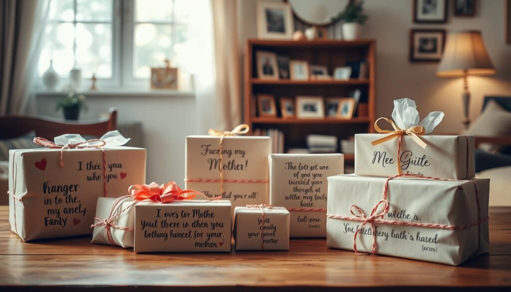 A cozy, well-lit room with a wooden table in the foreground, featuring a variety of artfully wrapped gifts in various shapes and sizes. The gifts are adorned with handwritten calligraphic messages and affirmations, conveying heartfelt sentiments for a mother. A soft, natural light filters through the window, casting a warm glow on the scene. In the background, a bookshelf filled with sentimental objects and framed family photos creates a sense of intimate, domestic charm. The overall mood is one of thoughtfulness, love, and the care that goes into creating meaningful, personalized gifts.