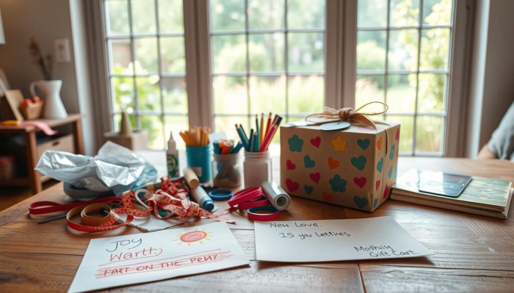 A cozy, well-lit room with an array of handcrafted and personalized gifts arranged on a wooden table. In the foreground, a child's drawing on colorful paper, a handwritten card, and a DIY gift box made from recycled materials. In the middle ground, an assortment of craft supplies such as ribbons, glue, and colored pencils. The background features a large window overlooking a lush, green garden, allowing natural light to flood the space and create a warm, inviting atmosphere. The overall scene evokes a sense of creativity, thoughtfulness, and the loving bond between a mother and child.