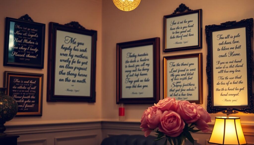 A cozy, well-lit room with warm, soft lighting. On the walls, an arrangement of elegant, handwritten quotes about mothers and their wisdom, framed in ornate, vintage-style frames. The quotes are in a variety of fonts and calligraphic styles, creating a visually interesting and harmonious composition. In the foreground, a vase of fresh flowers, perhaps a bouquet of roses or peonies, adding a touch of natural beauty and femininity to the scene. The overall mood is one of thoughtfulness, appreciation, and a celebration of the enduring impact of motherly love and advice.