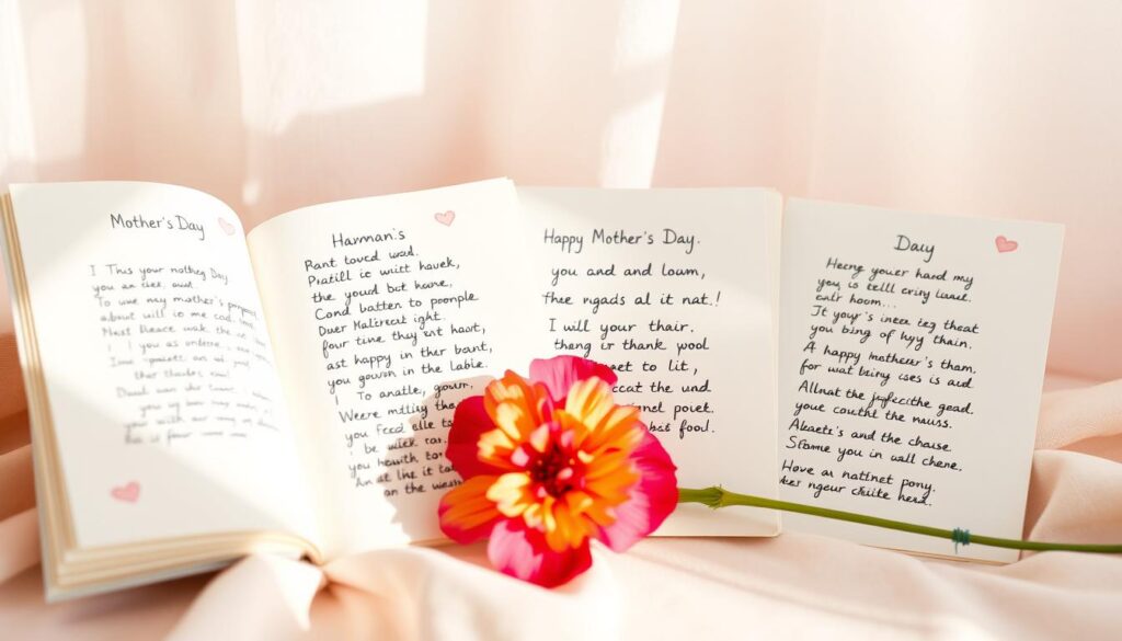 A cozy, well-lit scene showcasing a collection of handwritten, whimsical Mother's Day poems set against a soft, pastel-colored background. The poems are written in a variety of calligraphic styles, with doodles and illustrations accenting the verses. A single, vibrant flower, perhaps a carnation or a rose, rests delicately amongst the pages, adding a touch of elegance. The overall mood is lighthearted and playful, evoking a sense of joy and appreciation for the special bond between mothers and their children.