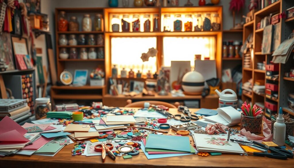 A cozy, well-lit studio filled with an array of craft supplies for DIY projects. In the foreground, an assortment of colorful papers, fabrics, ribbons, and embellishments are neatly arranged on a wooden table. In the middle ground, various tools like scissors, glue, and paintbrushes are scattered, hinting at the creative process. The background features shelves stocked with jars of beads, buttons, and other small decorative items, casting a warm glow. The overall scene conveys a sense of inspiration and the potential for crafting unique, personalized gifts.