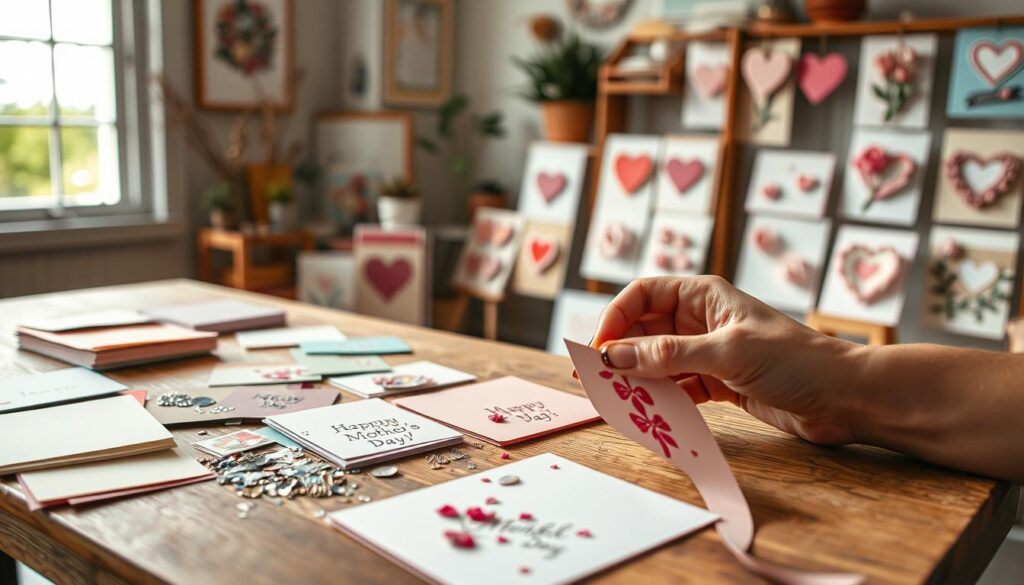 A cozy, well-lit studio setting with a warm, natural light spilling in through a large window. On a wooden table, an assortment of Mother's Day card materials are neatly arranged - colorful cardstock, glittering embellishments, whimsical stickers, and delicate floral accents. In the foreground, a hand is carefully crafting a handmade card, the process captured in a shallow depth of field. The background features a display of other finished Mother's Day cards, each one unique and demonstrating a range of creative techniques. The overall atmosphere is one of quiet focus, creativity, and thoughtfulness, evoking the sentiment of celebrating motherhood.