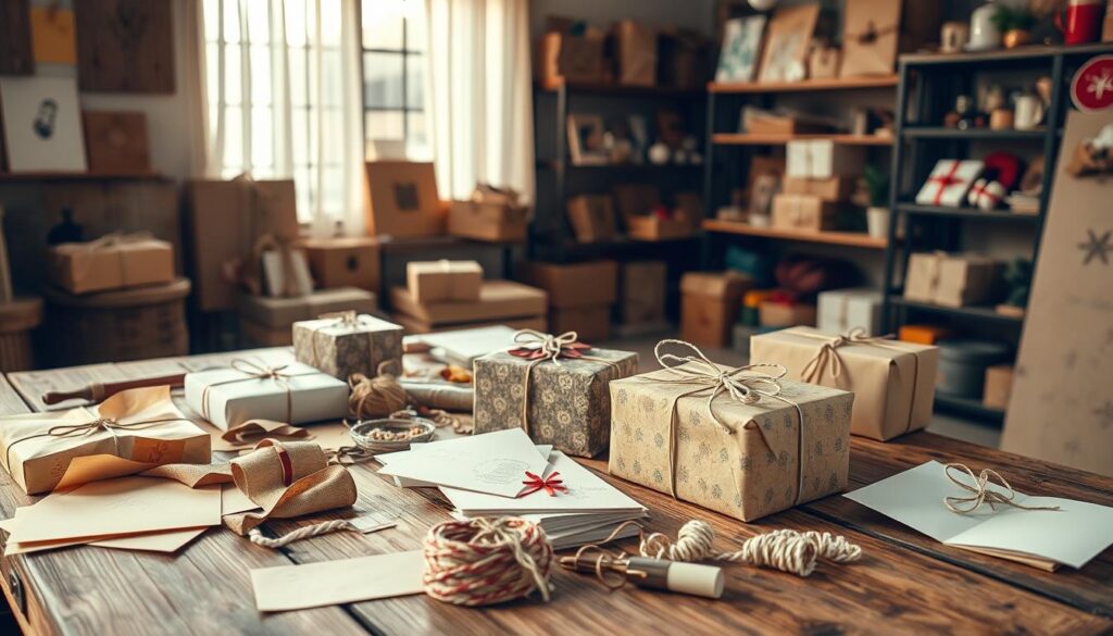 A cozy, well-lit studio setting with an assortment of thoughtfully curated packaging materials laid out on a rustic wooden table. Soft, warm lighting cascades from above, highlighting the textures and colors of the various papers, ribbons, twines, and other embellishments. In the foreground, a pair of skilled hands carefully assembles a beautifully wrapped gift, showcasing the art of creative packaging. The background features shelves filled with an inspiring array of packaging ideas, hinting at the endless possibilities for presenting gifts in a unique and memorable way. The overall atmosphere is one of artistry, creativity, and the joy of crafting.