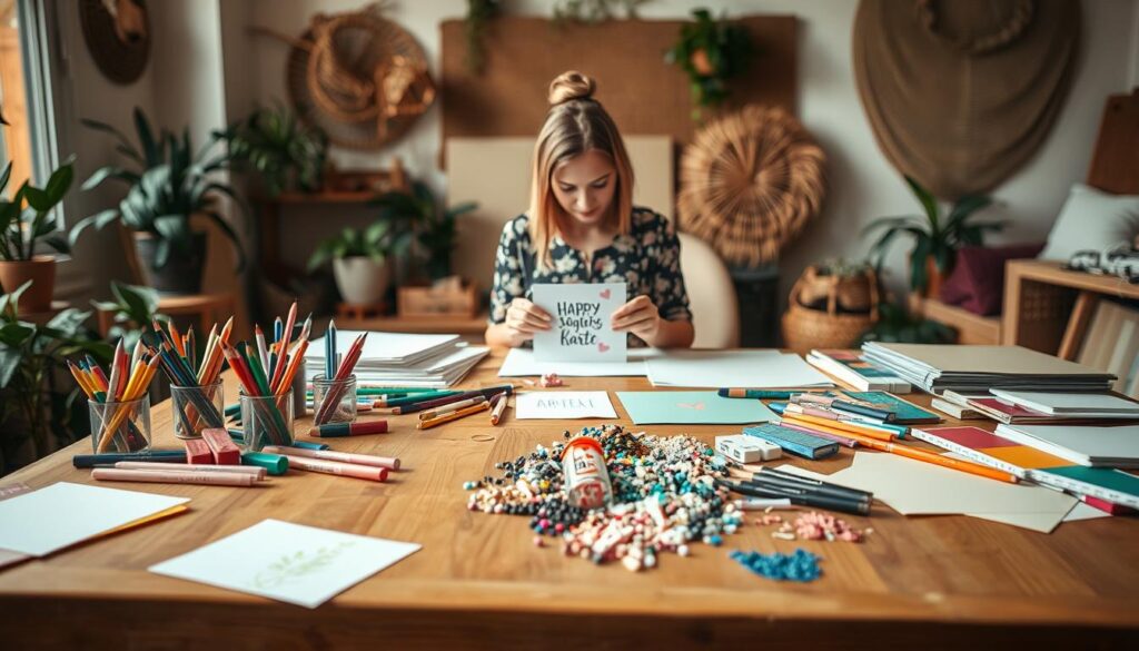 A cozy, well-lit studio with a large, wooden table in the foreground. On the table, an assortment of colorful art supplies - markers, colored pencils, glitter, and various types of paper and cardstock. In the middle ground, a woman in a floral dress sits at the table, her face not visible, carefully crafting a Muttertagskarte (Mother's Day card) with focused attention. The background features a warm, softly lit environment with plants and natural textures, creating a serene, nurturing atmosphere. The lighting is soft and diffused, gently highlighting the creative process. The overall mood is one of thoughtfulness, care, and the celebration of motherhood.
