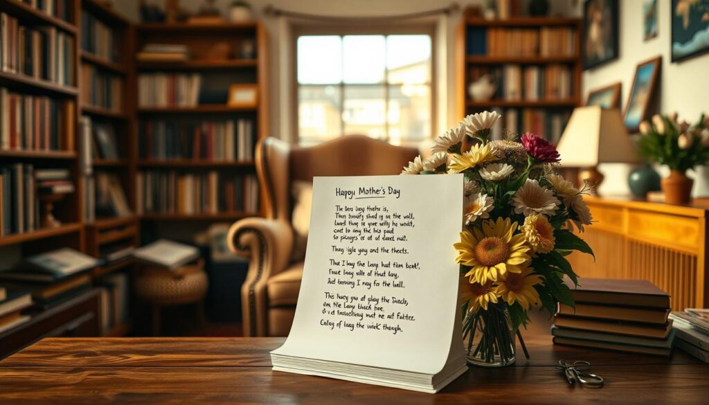 A cozy, well-lit study filled with books and trinkets, a wooden desk in the foreground and a comfortable armchair in the middle ground. On the desk, a stack of handwritten pages with whimsical, humorous poems for Mother's Day, framed by a bouquet of fresh flowers. The background is softly blurred, conveying a sense of warmth and intimacy. The lighting is gentle, casting a golden glow that enhances the homely, inviting atmosphere. The overall mood is one of thoughtfulness, creativity, and heartfelt appreciation.