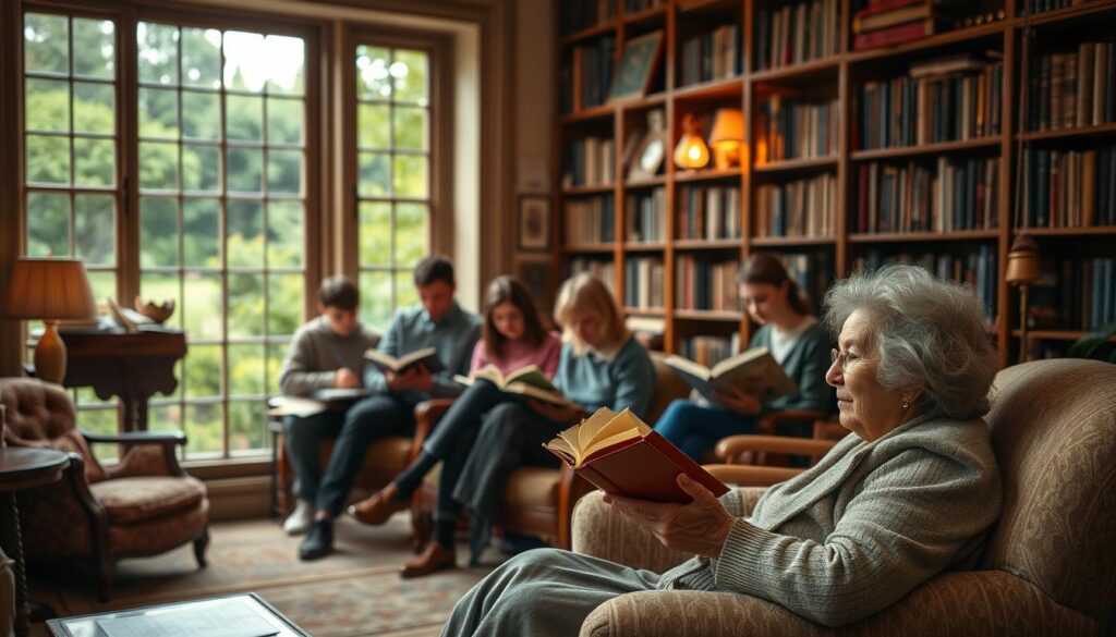 A cozy, well-lit study filled with bookshelves, antique furniture, and warm lighting. In the foreground, an elderly woman sits comfortably in a plush armchair, reading a worn book with a serene expression. The middle ground features several younger people of diverse ages and backgrounds, each engaged with books or writing implements, conveying a sense of intergenerational inspiration and connection through the power of literature. The background showcases a large window overlooking a lush, verdant garden, creating a tranquil, contemplative atmosphere. The overall scene evokes a timeless, intimate setting where the written word sparks imagination and wisdom across generations.