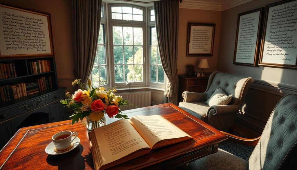 A cozy, well-lit study with a large, antique wooden desk and a comfortable armchair. On the desk, an open leather-bound book with handwritten poems, surrounded by a bouquet of fresh flowers and a cup of tea. The walls are adorned with framed calligraphic verse, casting a warm, inviting glow. Light streams in through a bay window, illuminating the serene, contemplative atmosphere. A sense of thoughtfulness and maternal affection permeates the scene, inviting the viewer to pause and reflect on the beauty of the written word.
