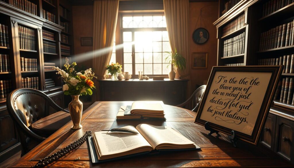 A cozy, well-lit study with a large, antique wooden desk. On the desk, an open journal, a quill, and a small vase of fresh flowers. Warm afternoon sunlight streams through a nearby window, casting a soft glow on the scene. Bookshelves line the walls, filled with leather-bound volumes. An inspirational quote, handwritten in calligraphy, is displayed on a framed artwork propped against the desk. The atmosphere is one of quiet contemplation, inviting the viewer to pause and be inspired to craft their own meaningful words.