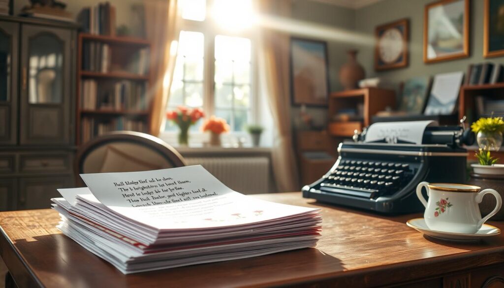A cozy, well-lit study with a warm, inviting atmosphere. On a wooden desk, a stack of handwritten, whimsical poems adorned with floral illustrations. Sunlight streams through a large window, casting a soft, golden glow over the scene. A vintage typewriter and a cup of tea sit nearby, hinting at the creative process behind these lighthearted, affectionate verses. The overall mood is one of heartfelt sentiment and creative expression, perfectly capturing the essence of "Humorvolle Gedichte für den Muttertag".