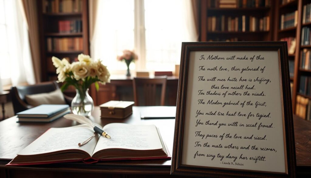 A cozy, well-lit study with a wooden desk and bookshelves lining the walls. On the desk, an open notebook and a quill pen, alongside a vase of fresh flowers. Soft, diffused lighting casts a warm glow, highlighting the intricate details of the room. In the foreground, a framed collection of handwritten quotes about mothers and their wisdom, each penned in a delicate, cursive script. The quotes convey the unconditional love, unwavering support, and timeless insights that mothers provide. The overall atmosphere is one of quiet contemplation, where the viewer can pause and reflect on the profound impact of motherhood.