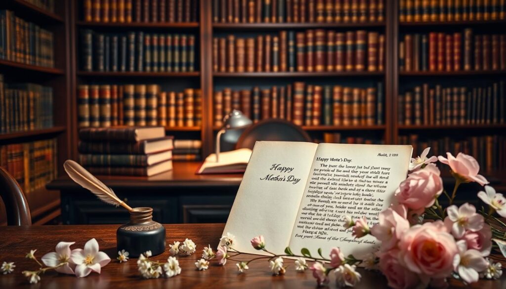 A cozy, well-lit study with a wooden desk and shelves filled with leather-bound books. On the desk, a stack of antique books stands next to a quill and ink pot. Soft, warm lighting casts a gentle glow, creating a serene, contemplative atmosphere. In the foreground, a hand-written letter or excerpt from a classic novel is displayed, the text visible but not legible. Surrounding the letter, delicate floral arrangements in pastel shades evoke the softness and joy of Mother's Day. The scene conveys a sense of timeless wisdom, literary heritage, and heartfelt appreciation.