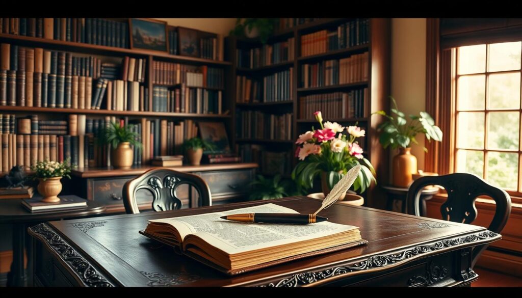 A cozy, well-lit study with an ornate wooden desk, an open leather-bound journal, and a quill pen resting on top. In the background, a wall-mounted bookshelf filled with volumes of poetry. Natural light filters in through a large window, casting a warm glow on the scene. Potted plants and a vase of fresh flowers add a touch of natural beauty. The overall atmosphere is one of quiet contemplation, inviting the viewer to be inspired and craft their own poetic expressions.