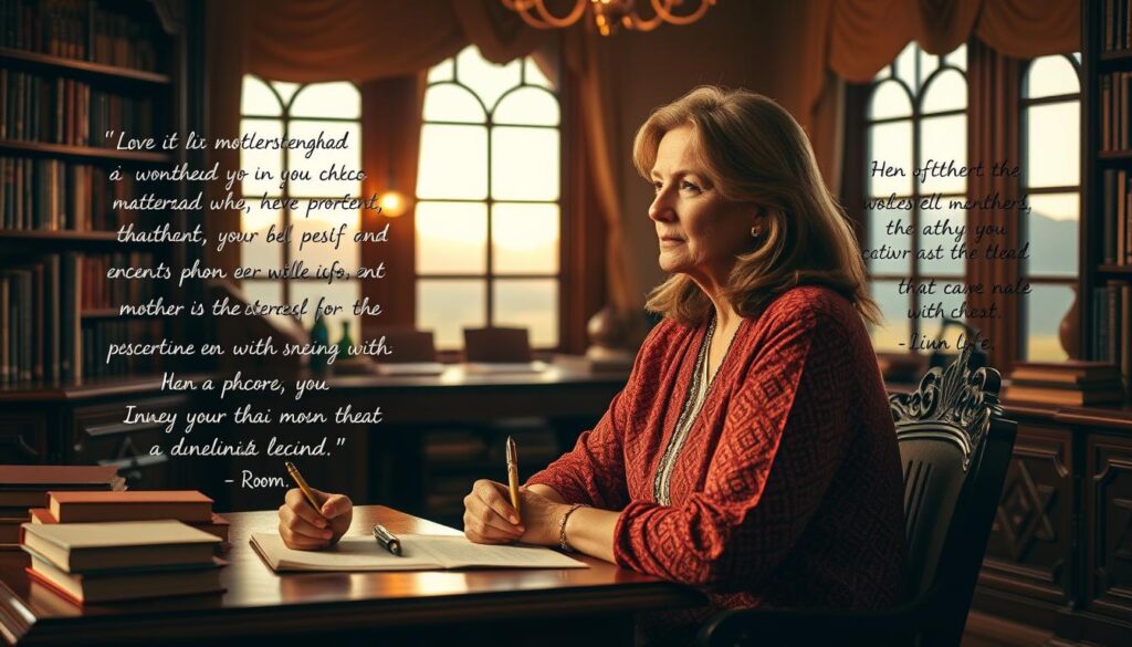 A cozy, well-lit study with an ornate wooden desk and shelves filled with books. In the foreground, a warm, maternal figure sits contemplatively, pen in hand, surrounded by handwritten notes and inspirational quotes about motherhood. The background features a scenic window view, with soft, golden light filtering through. The overall mood is one of thoughtful reflection and reverence for the profound role of mothers. The image should evoke a sense of wisdom, nourishment, and the cherished values that mothers embody.